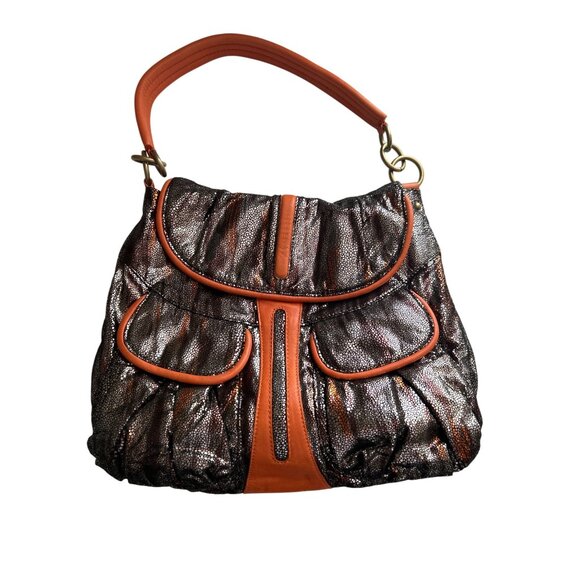 Malini Murjani Exotic Collection Leather Trim Metallic Orange Black Shoulder Bag - Picture 4 of 12